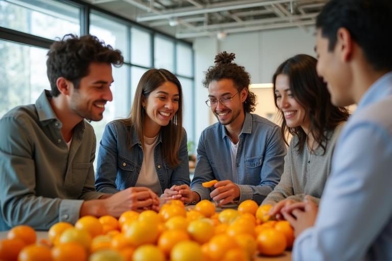 Glückliches Team von Hesperidium Emporium bei einem Meeting über frische Zitrusfrüchte